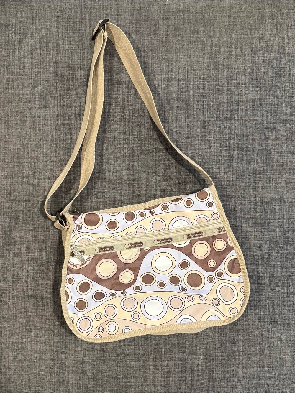 Le Sport Sac Y2K 90’s Beige, Lavender and Brown Patterned Crossbody Bag